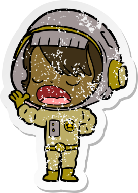 Bir astronot kadının insan tarafından çizildiğini açıklayan bir karikatür çıkartması.