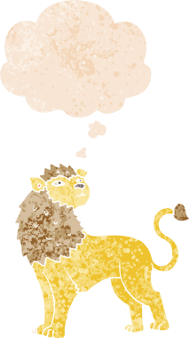 Düşünce baloncuklu çizgi film aslanı grunge sıkıntılı retro desen bir insan tarafından çizilmiş