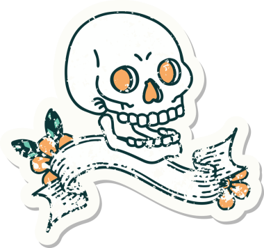 Bir insan tarafından çizilmiş kafatasının pankartıyla eski bir etiket.