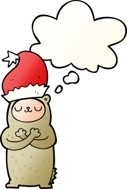 Düşünce baloncuklu noel şapkası takan çizgi film ayısı bir insan tarafından çizilmiş.
