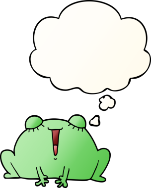 Bir insan tarafından çizilmiş yumuşak eğimli düşünce baloncuğu olan sevimli çizgi film kurbağası.