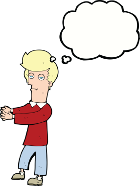 Bir insan tarafından çizilmiş düşünce baloncuğuyla yol gösteren sıkıcı bir çizgi film.