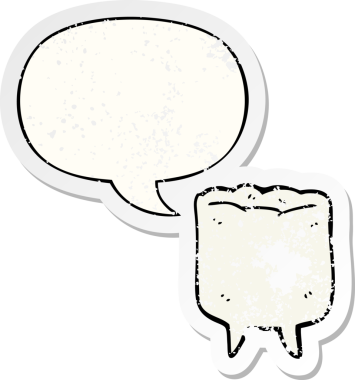 Konuşma baloncuğu olan çizgi film dişleri bir insan tarafından çizilmiş sıkıntılı eski bir çıkartma.