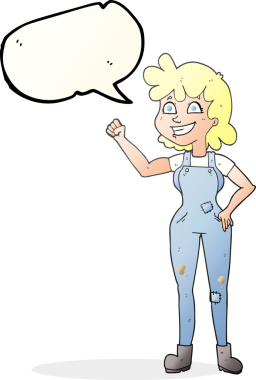 Serbest konuşma balonu karikatürü. Kararlı kadın, bir insan tarafından çekilen yumruğunu sıkıyor.