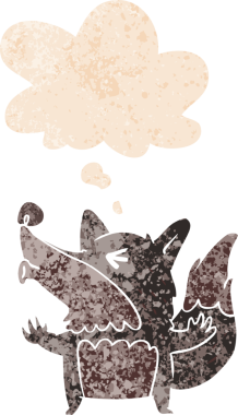 Karikatür kurtadamı, bir insan tarafından çizilmiş, sıkıntılı, grunge 'deki düşünce baloncuğuyla uluyor.