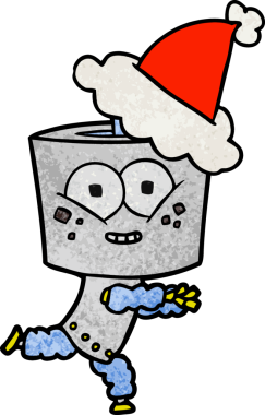 Bir insan tarafından çizilmiş Noel Baba şapkası giyen bir robotun çizilmiş mutlu el çizimi karikatürü