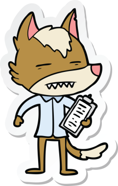 Bir insan tarafından çizilmiş dişleri gösteren bir ofis kurdunun çıkartması.