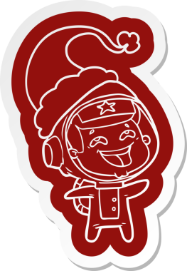 Bir insan tarafından çizilmiş Noel Baba şapkası giyen gülen bir astronotun garip çizgi film çıkartması.