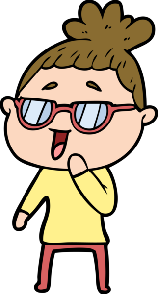 Bir insan tarafından çizilmiş gözlüklü mutlu kadın çizgi filmi.