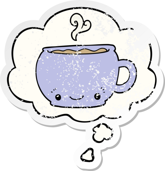 Düşünce baloncuklu çizgi film sıcak kahveyi insan tarafından çizilmiş yıpranmış bir çıkartma gibi düşün.
