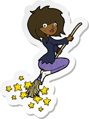 Bir insan tarafından çizilmiş süpürgeye binen bir cadının çıkartması.