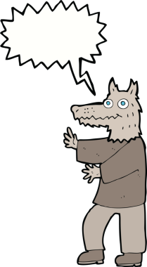 Bir insan tarafından çizilmiş konuşma balonu olan komik bir kurt adam.