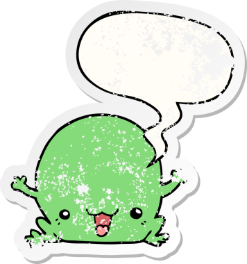 Konuşma baloncuğu olan karikatür kurbağası bir insan tarafından çizilmiş sıkıntılı eski bir çıkartma