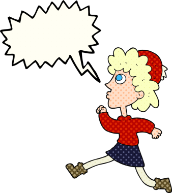 Bir insan tarafından çizilmiş serbest çizilmiş çizgi roman konuşma balonu koşu kadını.