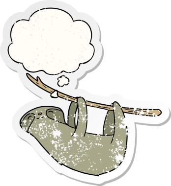 Düşünce baloncuğu olan çizgi film tembelliği bir insan tarafından çizilmiş yıpranmış bir çıkartma.