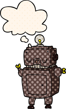 Bir insan tarafından çizilmiş çizgi roman şeklinde düşünce baloncuğu olan çizgi film robotu.