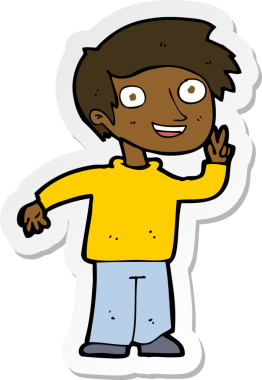 Bir insan tarafından çizilen fotoğraf için poz veren bir çizgi film çocuğunun çıkartması.