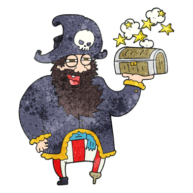 Bir insan tarafından çizilmiş hazine sandığı olan el yapımı karikatür kaptanı.