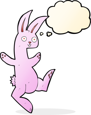 Bir insan tarafından çizilmiş düşünce balonlu pembe tavşan çizgi filmi.