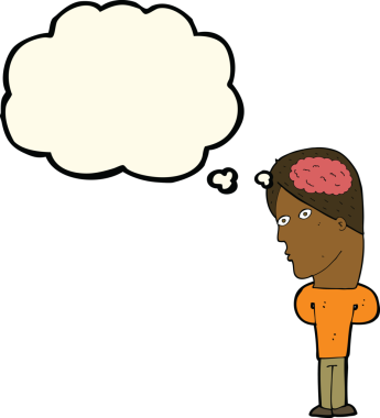 Düşünce baloncuğu insan tarafından çizilmiş büyük beyinli çizgi film adamı.