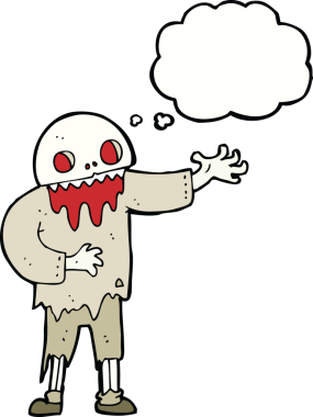 Bir insan tarafından çizilmiş düşünce baloncuklu tuhaf zombi çizgi filmi.