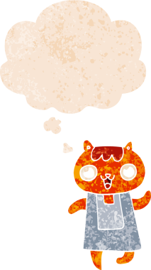 grunge 'da düşünce baloncuğu olan çizgi film kedisi bir insan tarafından çizilmiş dertli retro desenli