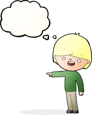 Bir insan tarafından çizilen düşünce baloncuğuyla işaret eden çizgi film adamı.