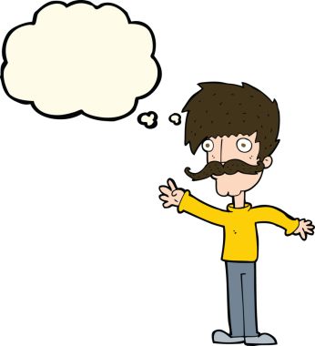 Bir insan tarafından çizilmiş düşünce balonlu bıyıklı bir çizgi film adamı.