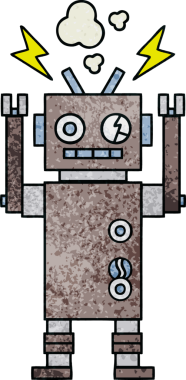 Bir insan tarafından çizilmiş arızalı bir robotun retro grunge desen karikatürü