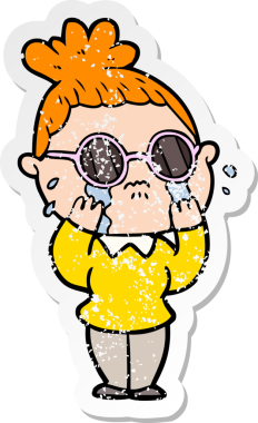 Bir insan tarafından çizilmiş gözlüklü, ağlayan bir karikatür çıkartması.