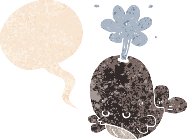 Bir insan tarafından çizilmiş grunge sıkıntılı retro stili balina konuşma balinası püskürten çizgi film