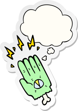 İnsan tarafından çizilmiş bir çıkartma olarak düşünce baloncuğu olan ürkütücü cadılar bayramı zombi eli.