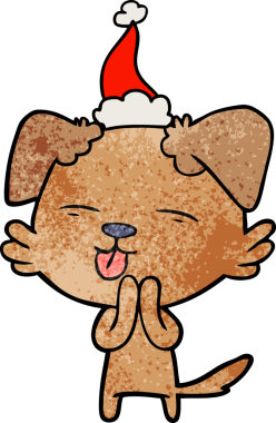 Bir insan tarafından çizilmiş Noel Baba şapkası giymiş bir köpeğin el çizimi karikatürü.
