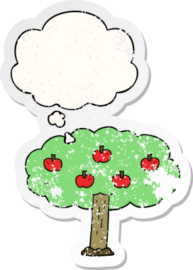 Düşünce baloncuğu olan karikatür elma ağacı bir insan tarafından çizilmiş yıpranmış bir çıkartma.