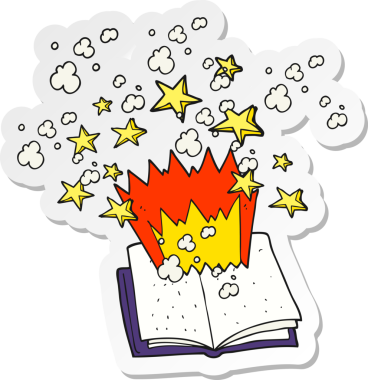 Bir insan tarafından çizilmiş bir çizgi film büyü kitabının çıkartması.