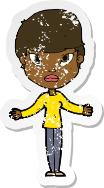 Bir insan tarafından çizilmiş omuzlarını silken karikatürlü bir kadının gerilmiş çıkartması.