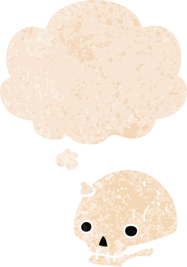 grunge 'da düşünce baloncuğu olan karikatürümsü kafatası, bir insan tarafından çizilmiş tedirgin geçmiş dokuma tarzı.