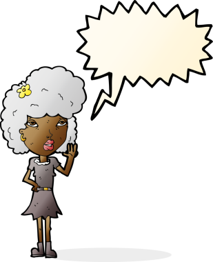 Bir insan tarafından çizilmiş bir konuşma balonuyla el sallayan çizgi film kadını.