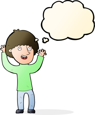 Bir insan tarafından çizilmiş düşünce baloncuğuyla gülen mutlu çocuk.