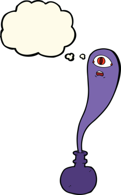 Şişede cadılar bayramı hayaleti ve bir insan tarafından çizilmiş düşünce balonu.