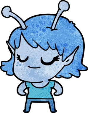 Bir insan tarafından çizilmiş gülümseyen uzaylı kız çizgi filmi.