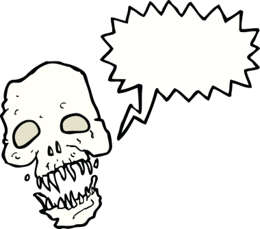 bir insan tarafından çizilmiş konuşma baloncuklu korkunç kafatası.