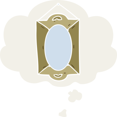 Düşünce baloncuklu karikatür aynası insan tarafından çizilmiş.