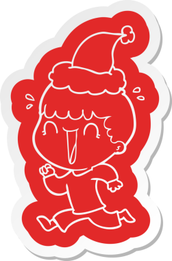 Bir insan tarafından çizilmiş Noel Baba şapkası giyen bir adamın komik çizgi film çıkartması.