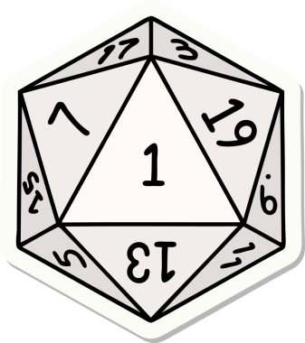 Bir insan tarafından çizilmiş doğal 1 D20 zar etiketi.