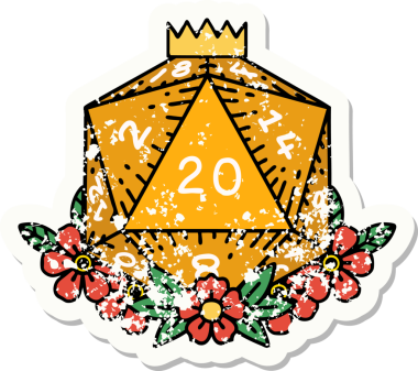 Bir insan tarafından çizilmiş çiçek elementleriyle 20 D20 zarının grunge sticker 'ı.
