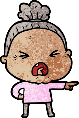 Bir insan tarafından çizilmiş kızgın yaşlı kadın çizgi filmi.