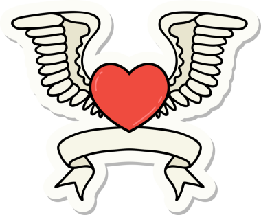 Bir insanın çizdiği kanatlı bir kalbin bayrağıyla dövme stili çıkartması.