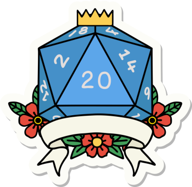 Bir insan tarafından çizilmiş 20 kritik vuruşluk D20 zar etiketi.