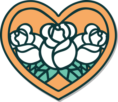 Geleneksel kalp stili dövme çıkartması ve bir insan tarafından çizilmiş çiçekler.